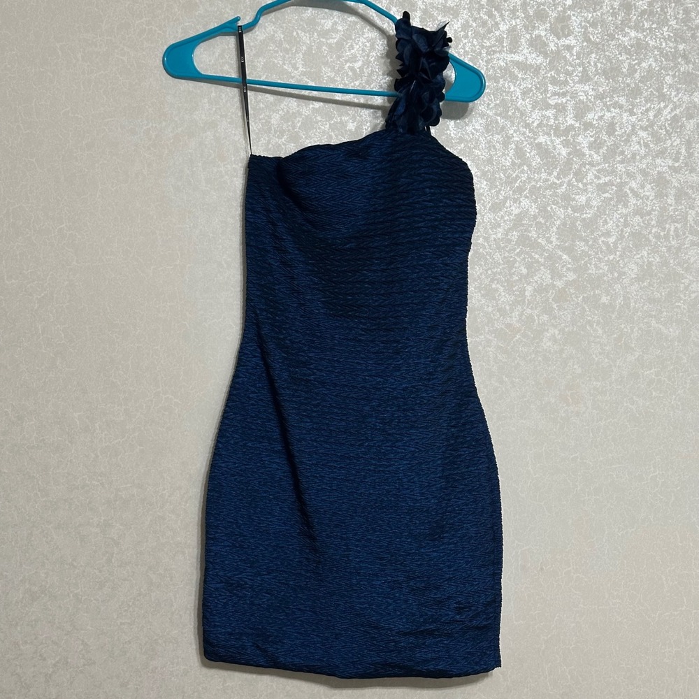 XXI Forever One Shoulder Navy Blue Textured Mini Dress Bodycon Sheath Party Sz S